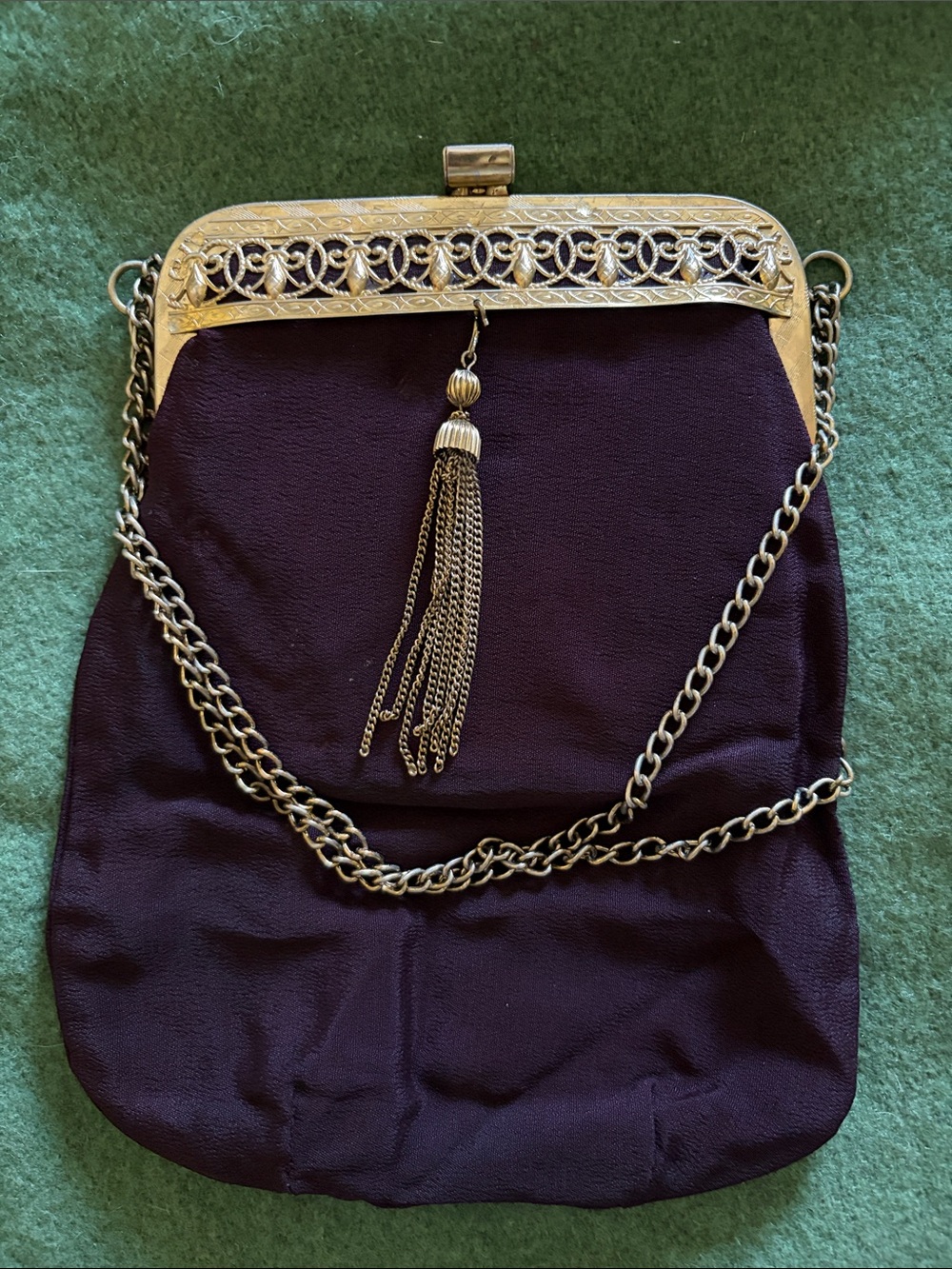 Black vintage handbag brass color tassel clasp top